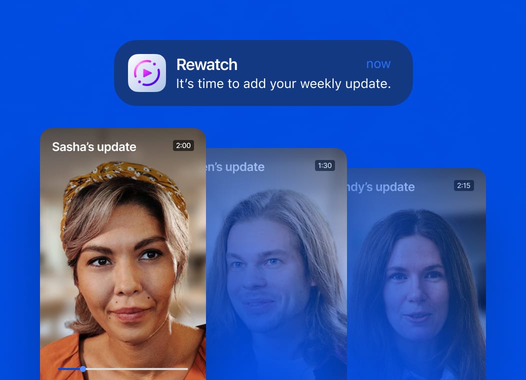 An iOS notification that tells the viewer to add their weekly update to Rewatch alongside a stack of vertical video cards with a play button on top